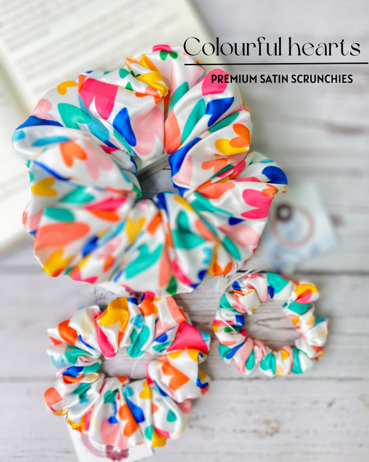 COLOURFUL HEARTS  - PREMIUM SATIN HAIR SCRUNCHIE