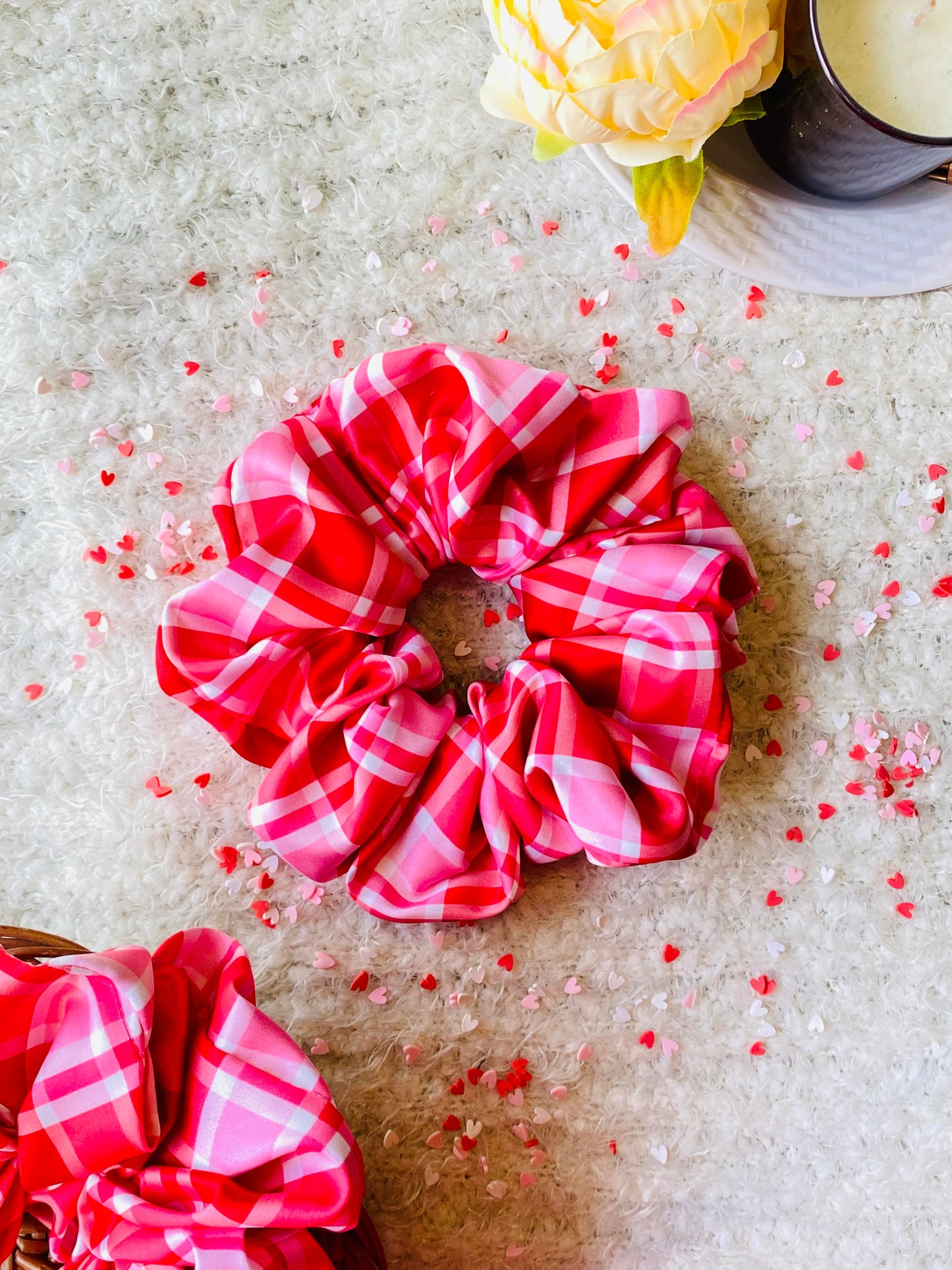 RED CHEX - PREMIUM SATIN SCRUNCHIE